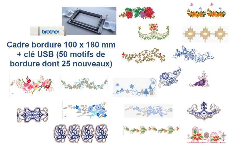 Cadre de broderie continue 100x180mm pour la brother VR avec clé usb de 50 motifs