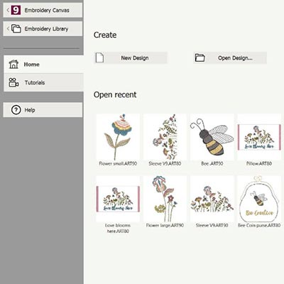 Écran d'accueil du logiciel de broderie Bernina Creator 9