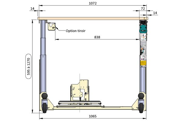 Dimensions du bâti ergonomique pour machine à coudre industrielle - vue de face