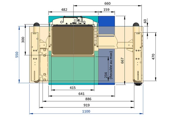 Dimensions du bâti ergonomique pour machine à coudre industrielle - vue du dessus