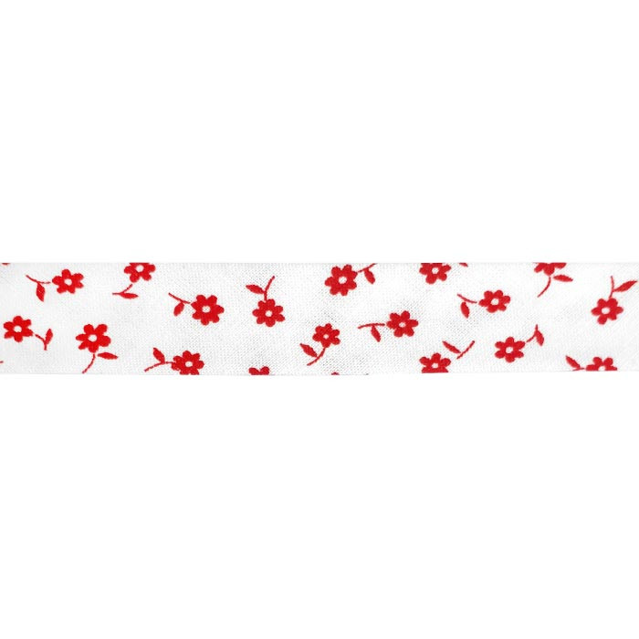Biais blanc fleurs rouges 18mm au mètre
