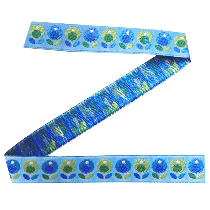 Ruban tissé fleurs vertes/bleues 16mm au mètre