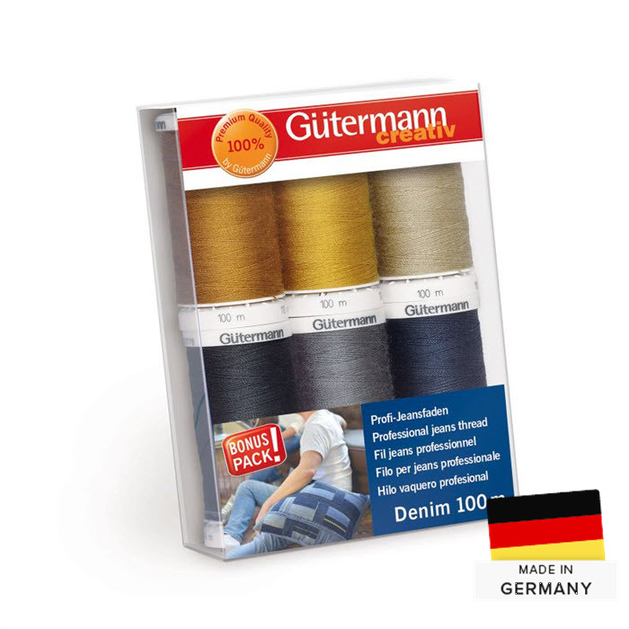 Assortiment de 6 fils à coudre Denim / Jeans n°50 Gütermann Assortiment de 6 fils à coudre Denim / Jeans n°50 Gütermann