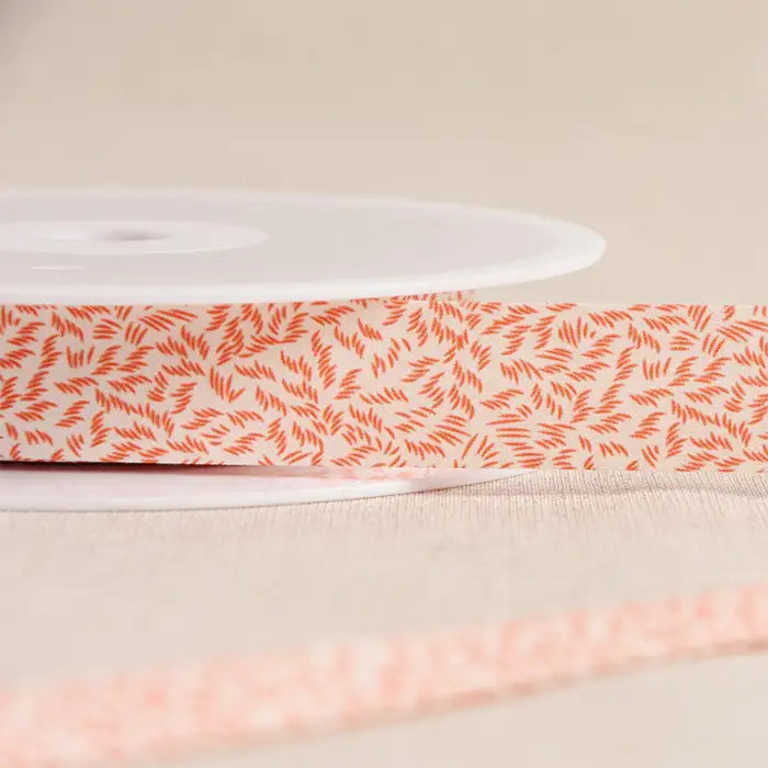 Biais beige feuillage fin orange 20mm Biais beige feuillage fin orange 20mm
