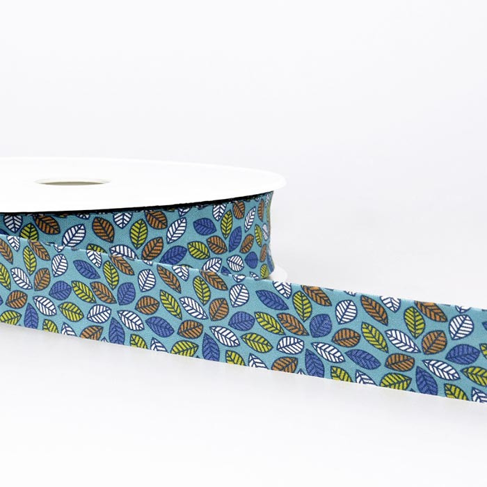 Biais bleu feuilles orange 27mm au mètre Biais bleu feuilles orange 27mm au mètre