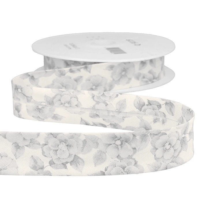 Biais "Fleurs" Gris clair 25mm au mètre Biais "Fleurs" Gris clair 25mm au mètre