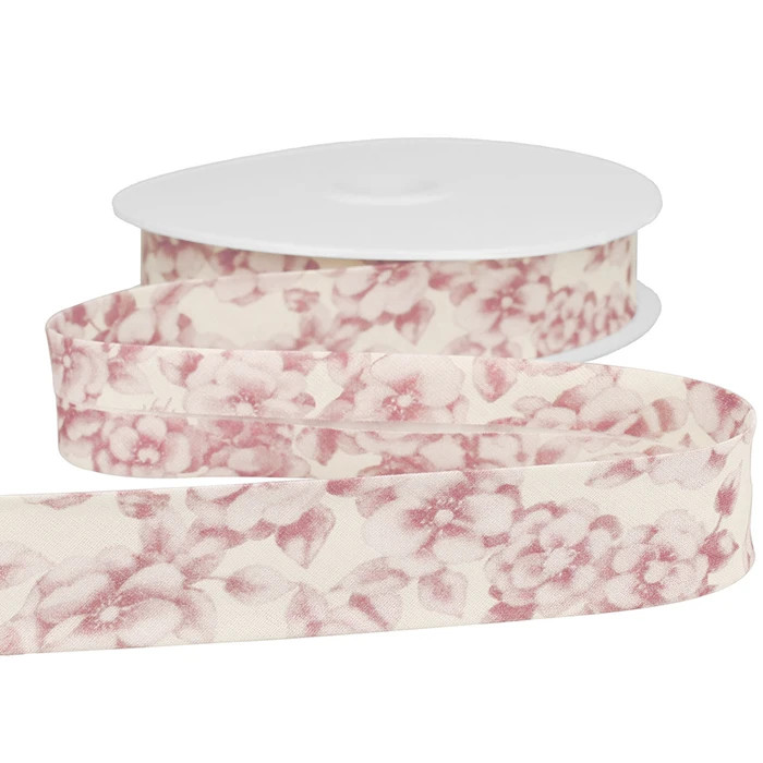 Biais "Fleurs" vieux rose 25mm au mètre Biais "Fleurs" vieux rose 25mm au mètre