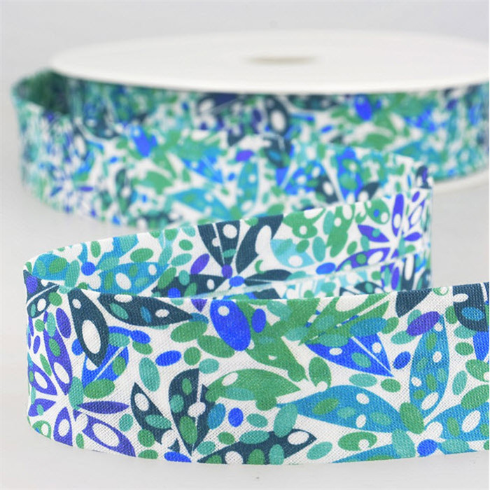 Biais imprimé feuilles tons bleus /m Biais imprimé feuilles tons bleus /m