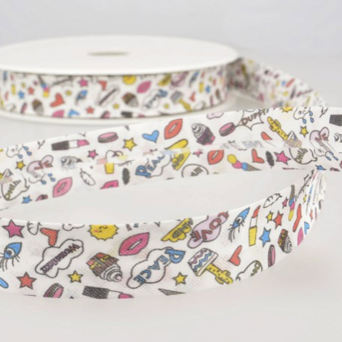 Biais imprimé girly blanc au mètre Biais imprimé girly blanc au mètre