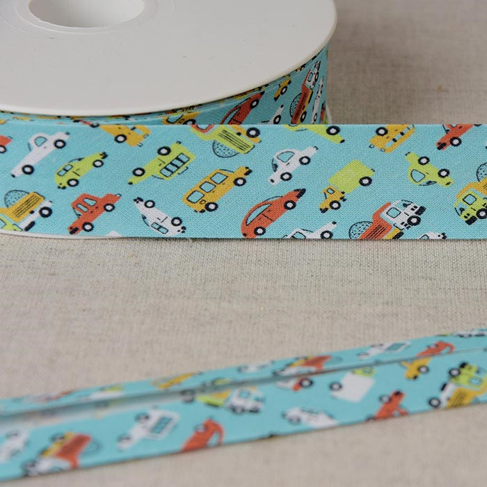 Biais voiturettes 100% coton bleu 25mm au mètre Biais voiturettes 100% coton bleu 25mm au mètre
