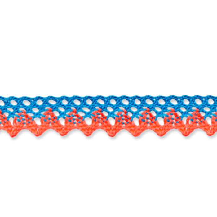 Dentelle corail/bleu au fuseau 10mm au mètre Dentelle corail/bleu au fuseau 10mm au mètre