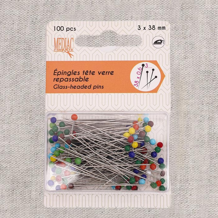 Epingles à tête de verre multicolores 38x0,60mm (100 pcs) Epingles à tête de verre multicolores 38x0,60mm (100 pcs)