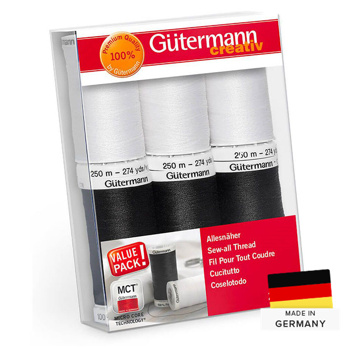 Set 6 fils à coudre noir/blanc polyester Gütermann Set 6 fils à coudre noir/blanc polyester Gütermann