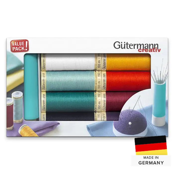 Set de 8 fils à coudre de 100m Gutermann + étui à aiguilles Set de 8 fils à coudre de 100m Gutermann + étui à aiguilles