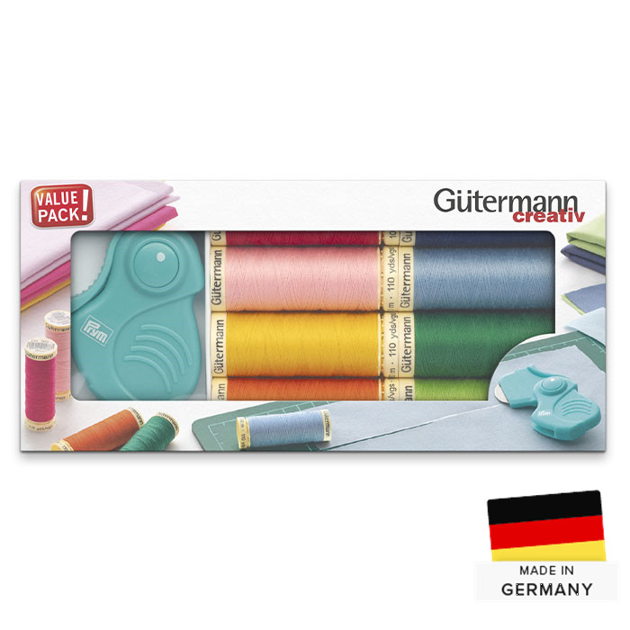 Set de 8 fils à coudre Gutermann et couteau rotatif Prym Set de 8 fils à coudre Gutermann et couteau rotatif Prym