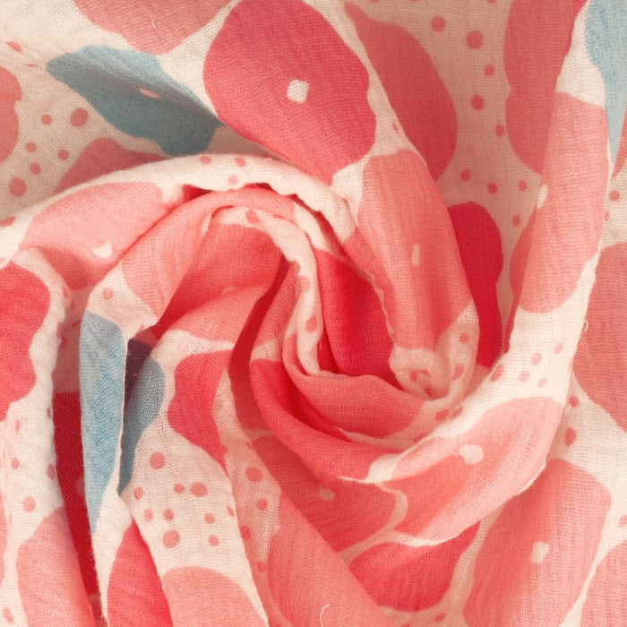 Tissu double gaze de coton écru/rose fleur - Par 50cm Tissu double gaze de coton écru/rose fleur - Par 50cm