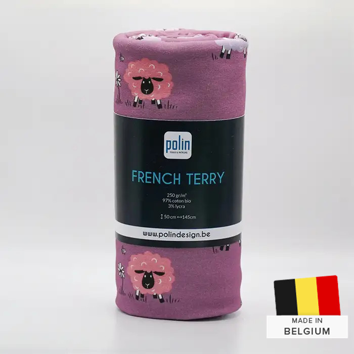 Tissu Sweat French Terry Moutons Mauve 50x145cm Tissu Sweat French Terry Moutons Mauve 50x145cm