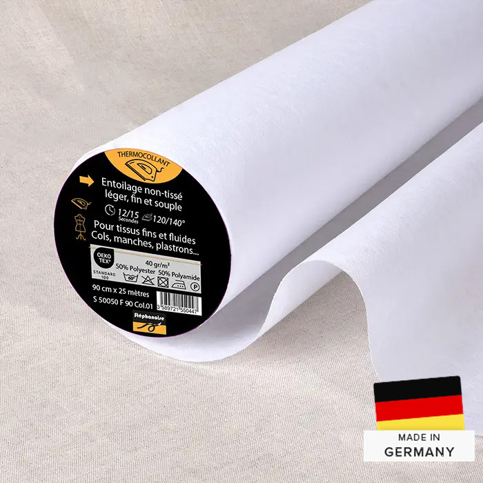 Toile thermocollante non-tissée fine blanc 90cm au mètre Toile thermocollante non-tissée fine blanc 90cm au mètre